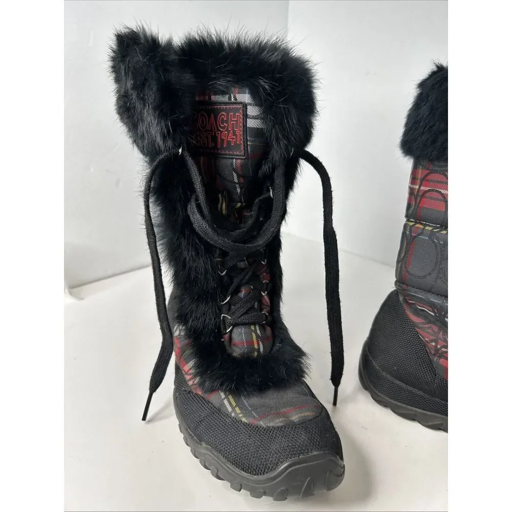 Coach Jennie Signature Rabbit Fur Black & Red Plaid Boots RARE‎ Size 9.5 EUC